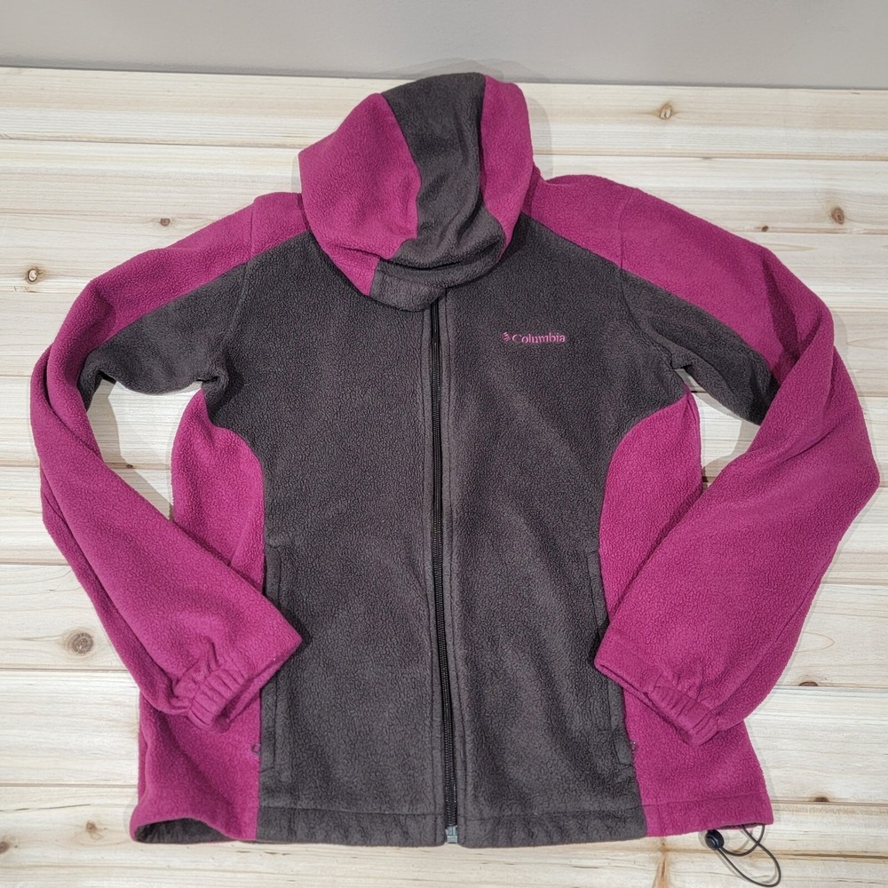 Columbia Women Pink Fleece Jacket Medium Full Zip Up Hood Brown‎ Outdoor